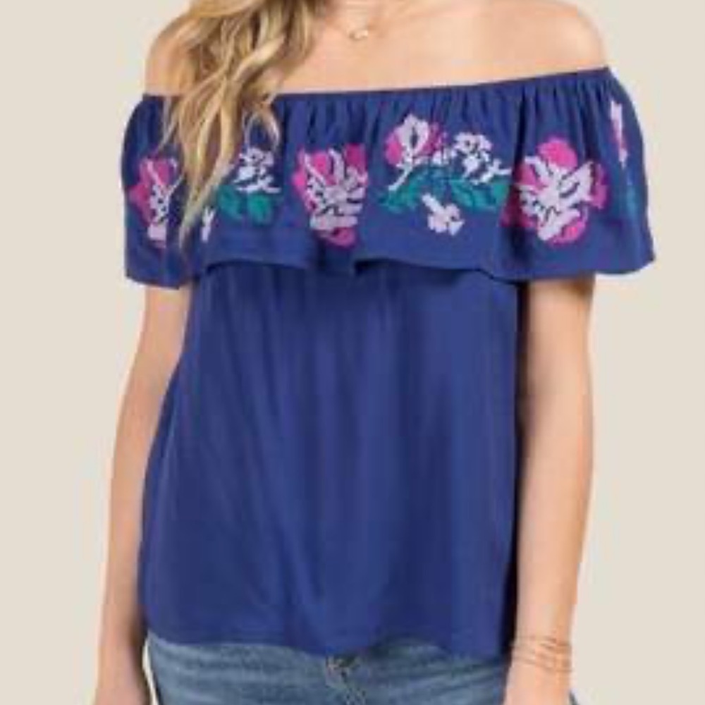 Francesca’s Blue Rain Floral Off Shoulder Top XS New NWT